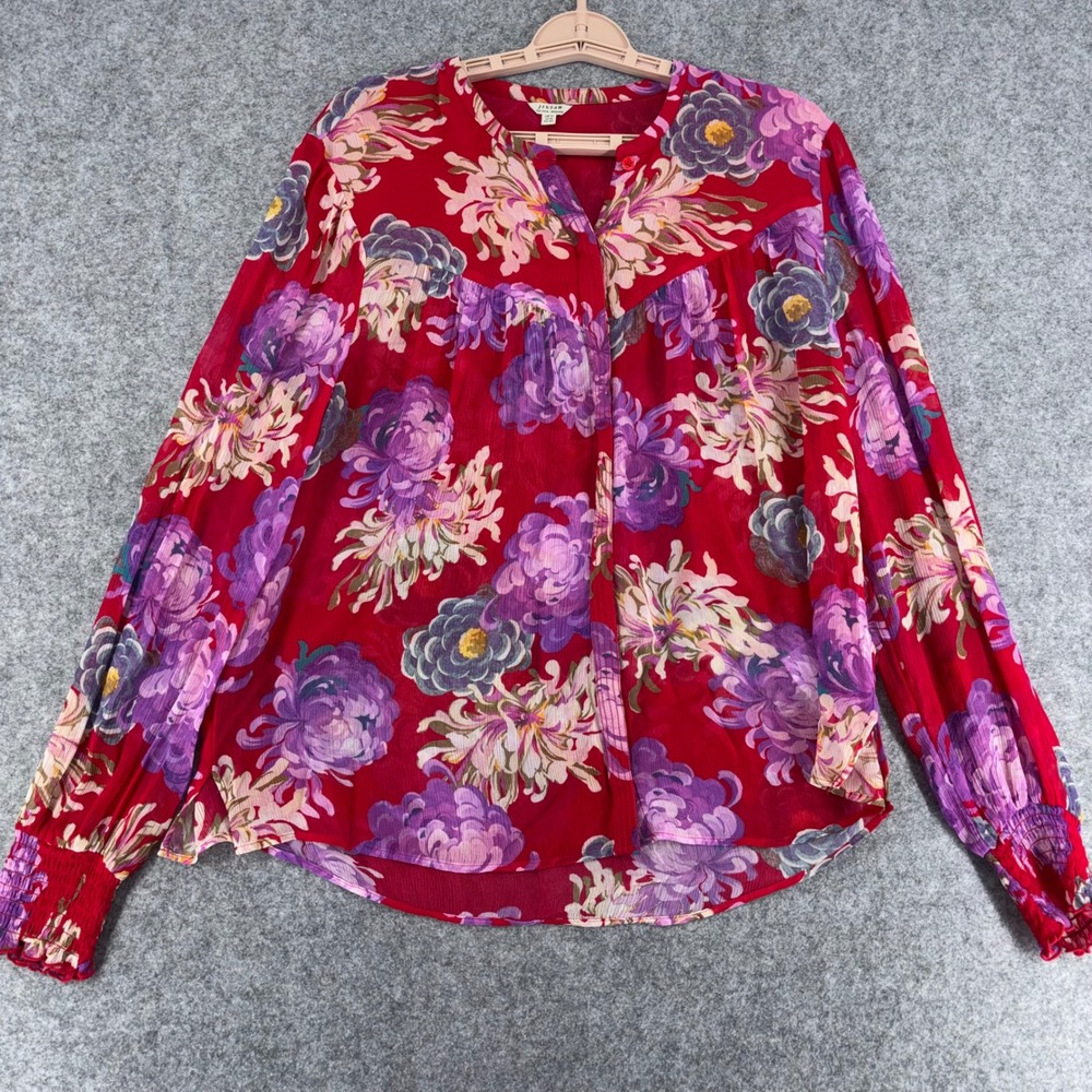 Jigsaw England Red Floral Crinkle Viscose Blouse Smocked Cuff US 8 UK 12 BoHo
